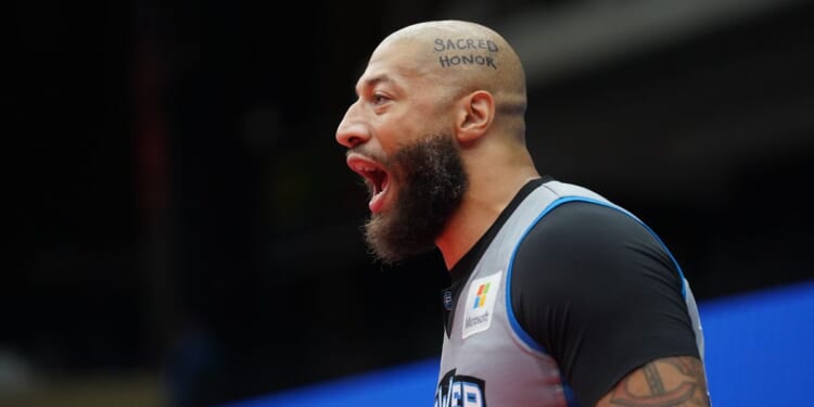 Royce White of the Power in the BIG3 basketball league celebrates during a game in Comerica Center in Frisco, Texas, August. 6, 2026.