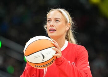 Sophie Cunningham of the Indiana Fever warms up before the game against the Seattle Storm at Climate Pledge Arena on July 28, 2026, in Seattle, Washington.