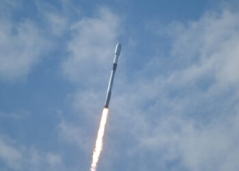 A SpaceX Falcon 9 rocket carrying Northrop Grumman's Mission Robotic Vehicle and Mission Extension Pods is seen after launching from Space Force Station's Launch Complex 40 in Cape Canaveral, Florida, on July 21, 2026.