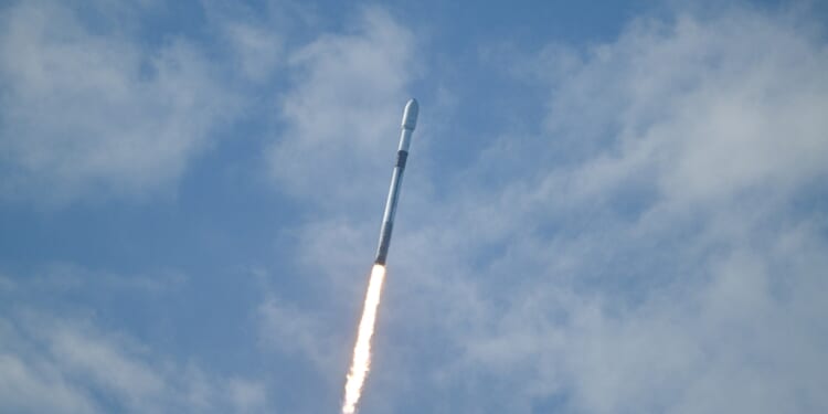 A SpaceX Falcon 9 rocket carrying Northrop Grumman's Mission Robotic Vehicle and Mission Extension Pods is seen after launching from Space Force Station's Launch Complex 40 in Cape Canaveral, Florida, on July 21, 2026.