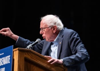 Sen. Bernie Sanders speaks at The People v. The Powerful rally at the Detroit Opera House on July 18, 2026, in Detroit, Michigan.
