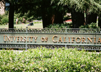 Signage for the University of California (UC Berkeley) in Berkeley, California, July 2, 2017.
