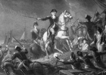 An illustration of George Washington directing a retreat at the battle of Long Island on Aug. 29, 1776.
