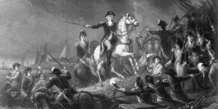 An illustration of George Washington directing a retreat at the battle of Long Island on Aug. 29, 1776.