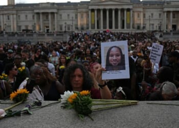 A crowd gathers in support of the late author and academic Jason Arday on August 14, 2026 at Trafalgar Square in central London.