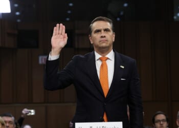 Acting Attorney General Todd Blanche gets sworn in at his confirmation hearing in front of the Senate Judiciary Committee on Capitol Hill on July 15, 2026, in Washington, D.C.