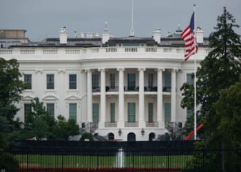 The White House is viewed from the south lawn on a gray cloud on July 21, 2026.
