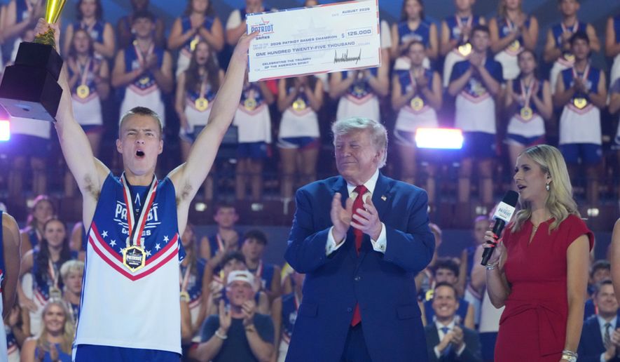 President Donald Trump attends the Patriot Games at Spire Academy in Geneva, Ohio, Tuesday, Aug. 11, 2026. (AP Photo/Mark Schiefelbein).