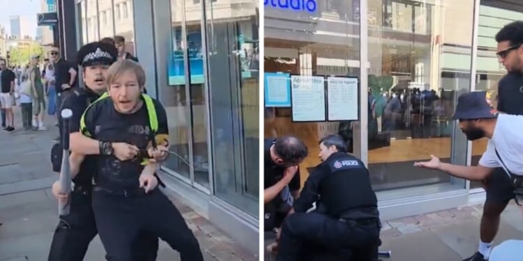 A man in Manchester, United Kingdom, is detained after purchasing a baseball bat, according to British activist Tommy Robinson on Aug. 9, 2026.