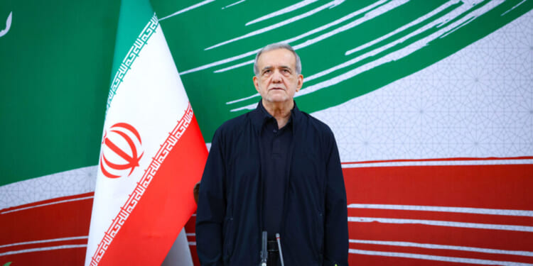 A handout photo made available by the Iranian Presidential Office shows Iran's President Masoud Pezeshkian attending a press conference in the capital Tehran, on August 8, 2026. (Iranian Presidential Office / AFP / Getty Images)