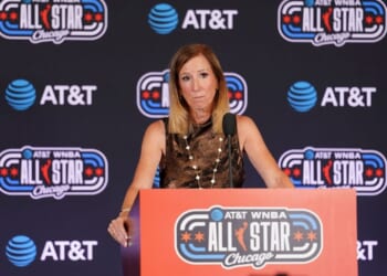 WNBA Commissioner Cathy Engelbert answers questions at a news conference in Chicago on July 25, 2026.