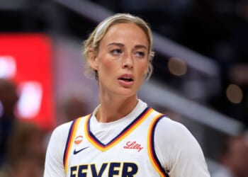 Sophie Cunningham of the Indiana Fever looks on against the New York Liberty during the first half at Gainbridge Fieldhouse on Aug. 11, 2026, in Indianapolis, Indiana.