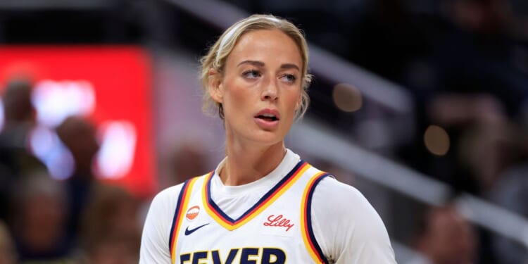 Sophie Cunningham of the Indiana Fever looks on against the New York Liberty during the first half at Gainbridge Fieldhouse on Aug. 11, 2026, in Indianapolis, Indiana.