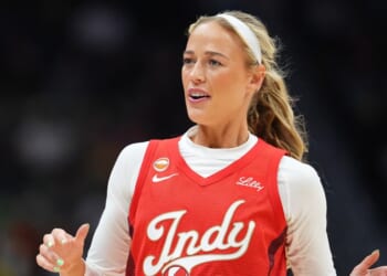 Sophie Cunningham of the Indiana Fever looks on during the first half against the Seattle Storm at Climate Pledge Arena on July 28, 2026, in Seattle, Washington.
