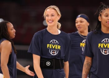 Sophie Cunningham of the Indiana Fever warms up prior to the game at United Center on Aug. 8, 2026, in Chicago, Illinois.
