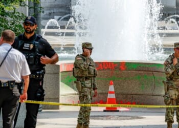 Vandalism can be seen at the World War II Memorial on Aug. 13, 2026, in Washington, D.C.