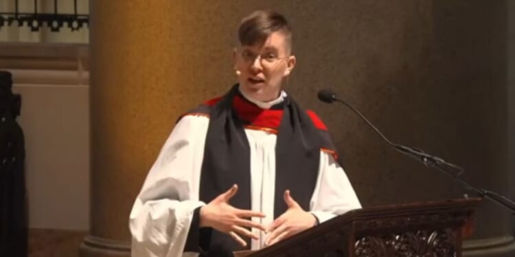 Flourish Klink proclaimed that "God is trans" in her Episcopal church in New York City, as shown in a video posted via social media on Sept. 23, 2026.