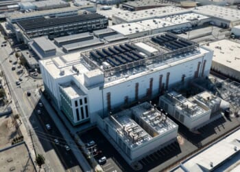 Afternoon sun shines on a data center facility in Vernon, California.