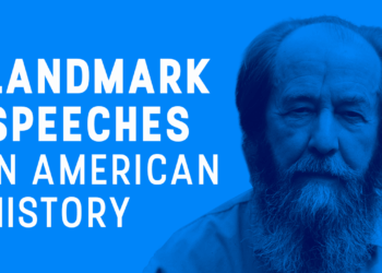 A bearded man with long hair stands next to text reading Landmark Speeches in American History on a blue background.