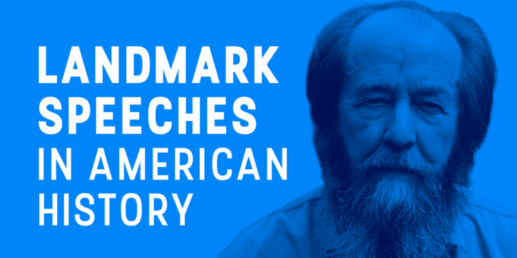 A bearded man with long hair stands next to text reading Landmark Speeches in American History on a blue background.
