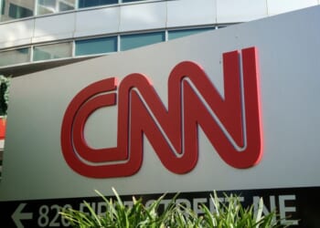 A CNN sign is displayed outside of the network's studios in Washington, D.C.