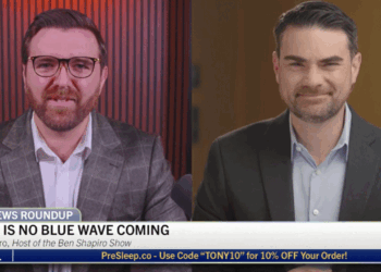 Two men in suits appear in a split-screen video call, deep in discussion about the upcoming midterms. The headline reads, THERE IS NO BLUE WAVE COMING. A banner below promotes a discount code for PreSleep.co.