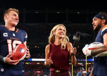 Bo Nix and Talanoa Hufanga of the Denver Broncos are interviewed after winning the game against the Los Angeles Rams at Empower Field at Mile High on Sept. 27, 2026, in Denver, Colorado.