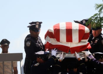 The casket of Army Sgt. Angel Rampersad is brought out of the Calvary Assembly of God church during a funeral service for the soldier who was killed in action on July 17 at Muwaffaq Salti Air Base in Jordan on July 31, 2026, in the Queens borough of New York City.