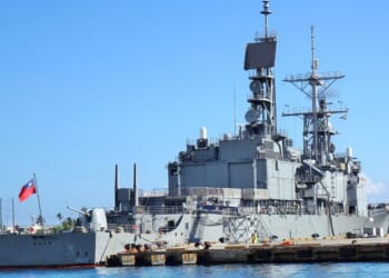A guided missile destroyer of the Taiwan navy sits anchored in Kaohsiung Port in Kaohsiung, Taiwan on June 2, 2019.