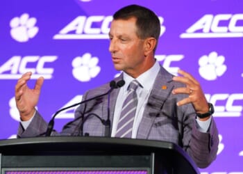 Head coach Dabo Swinney of the Clemson Tigers speaks during the ACC Kickoff media days at Hilton Charlotte Uptown on July 16, 2026, in Charlotte, North Carolina.