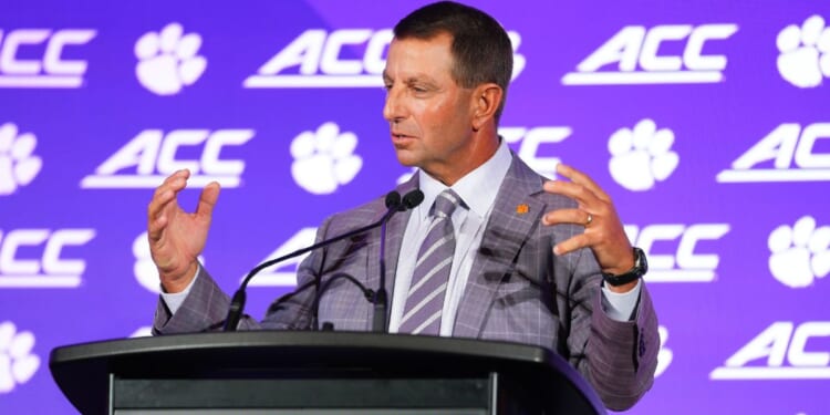 Head coach Dabo Swinney of the Clemson Tigers speaks during the ACC Kickoff media days at Hilton Charlotte Uptown on July 16, 2026, in Charlotte, North Carolina.