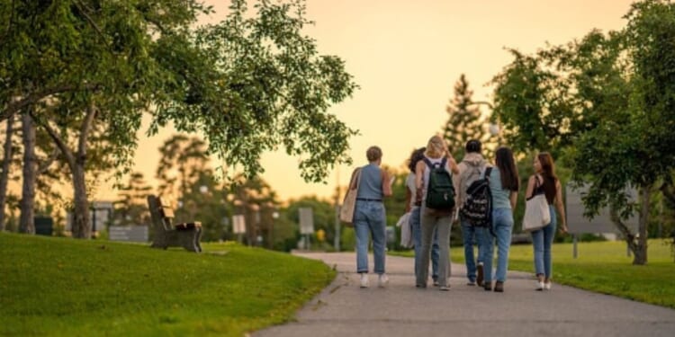 Students on a college campus walk together.