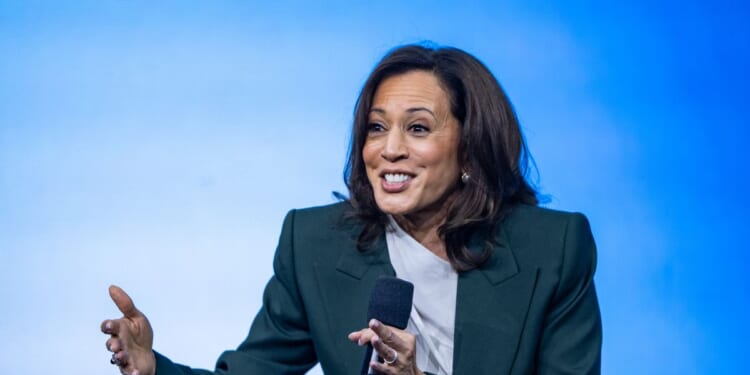 Former Vice President Kamala Harris speaks on stage during the Austrian World Summit at Hofburg Congress Center on June 16, 2026, in Vienna, Austria.
