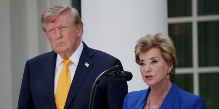President Donald Trump and Secretary of Education Linda McMahon during an event in the Rose Garden of the White House on Aug. 24, 2026, in Washington, D.C.