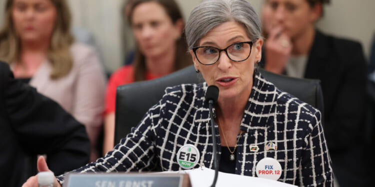 A woman in glasses speaks at a meeting, wearing a checkered jacket with E15 NOW and FIX PROP. 12 buttons. A nameplate reading SEN. ERNST is in front of her. Several people sit in the background.