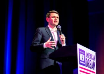Democratic U.S. Senate candidate James Talarico speaks at a campaign rally in Kerrville, Texas, on Aug. 31, 2026.