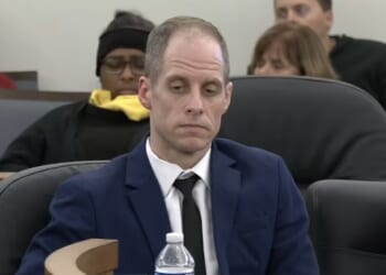 Caleb Flynn of Ohio sits in court during the murder trial for his wife, Ashley Flynn, on Sept. 24, 2026.
