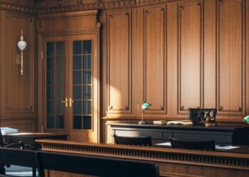 The interior of an empty courtroom.