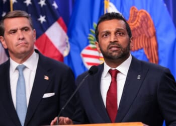 FBI Director Kash Patel speaks as Attorney General Todd Blanche listens during a news conference at the Robert F. Kennedy Department of Justice building on Aug. 5, 2026, in Washington, D.C.