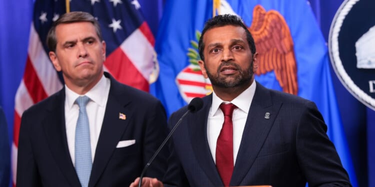 FBI Director Kash Patel speaks as Attorney General Todd Blanche listens during a news conference at the Robert F. Kennedy Department of Justice building on Aug. 5, 2026, in Washington, D.C.
