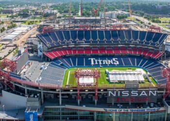 An aerial shot of Nissan Stadium, the home of the Tennessee Titans, in Nashville, Tennessee.