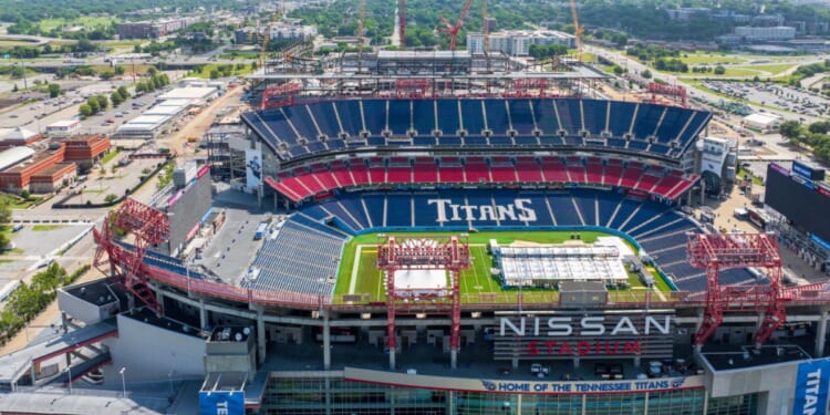 An aerial shot of Nissan Stadium, the home of the Tennessee Titans, in Nashville, Tennessee.