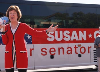 Sen. Susan Collins greets supporters outside the Kittery Trading Post, the first stop of a weekend re-election campaign bus tour of the state of Maine, on Aug. 14, 2026, in Kittery, Maine.