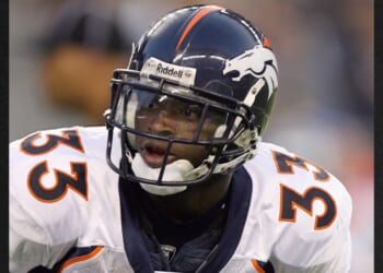 Alphonso Smith #33 of the Denver Broncos is seen in a file photo from Aug. 22, 2009, running up the field during the game against the Seattle Seahawks at Qwest Field in Seattle, Washington.