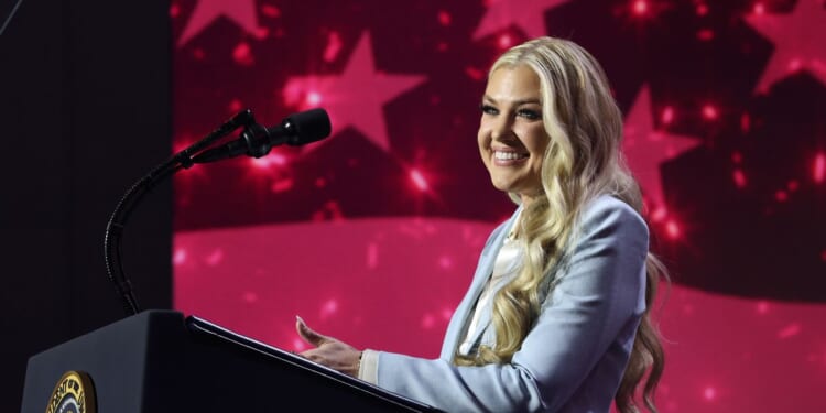 Turning Point USA CEO Erika Kirk speaks during a Turning Point USA event at the Dream City Church on April 17, 2026, in Phoenix, Arizona.