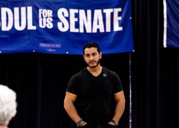 Democratic Senate candidate Abdul El-Sayed listens to a question from an attendee during a town hall event, part of a series of events across Michigan focused on hearing from voters, on Sept. 3, 2026, at the Oakland Expo Center in Waterford, Michigan.