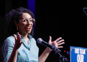 Democratic congressional candidate Darializa Avila Chevalier speaks during the "Our Team, Our Year" rally at the Kings Theatre in Brooklyn, New York, on June 18, 2026.