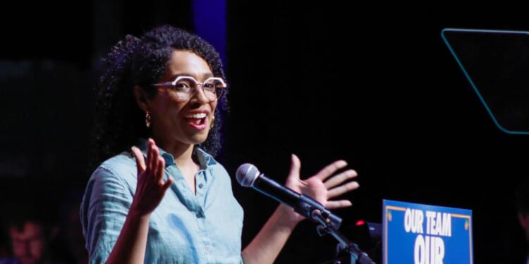 Democratic congressional candidate Darializa Avila Chevalier speaks during the "Our Team, Our Year" rally at the Kings Theatre in Brooklyn, New York, on June 18, 2026.