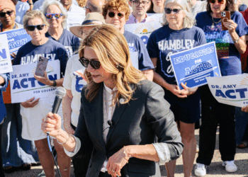 Amy Acton in sunglasses speaks into a microphone at an outdoor rally, surrounded by people holding Dr. Amy Acton for Governor signs. Many attendees wear blue shirts and sunglasses, showing their support.