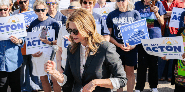 Amy Acton in sunglasses speaks into a microphone at an outdoor rally, surrounded by people holding Dr. Amy Acton for Governor signs. Many attendees wear blue shirts and sunglasses, showing their support.